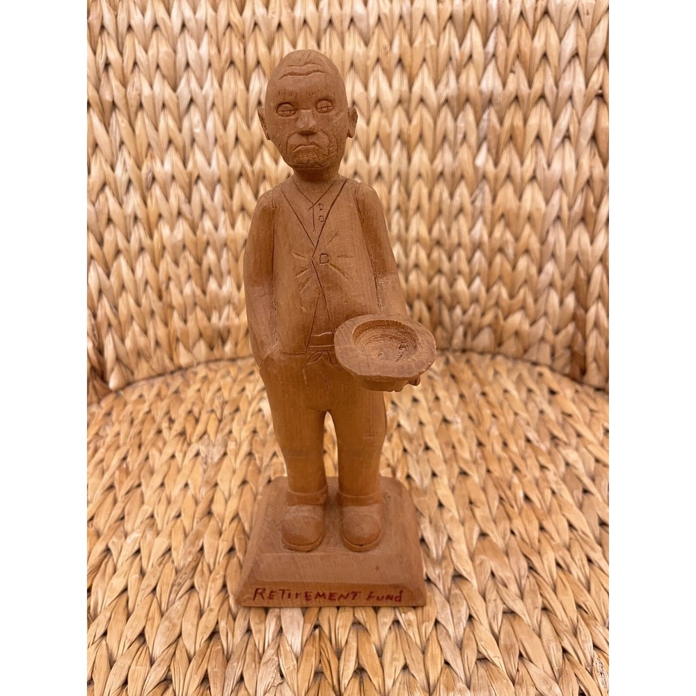 Vintage Wood Hand Carved Old Man With Hat Figurine Retirement Fund 1979